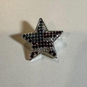 Star Brooch Silver Tone Patriotic Rhinestone Red White Blue USA Flag Pin